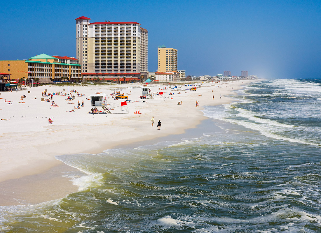 Pensacola, FL - Aerial View of Pensacola, FL With People on a Beach on a Sunny Day